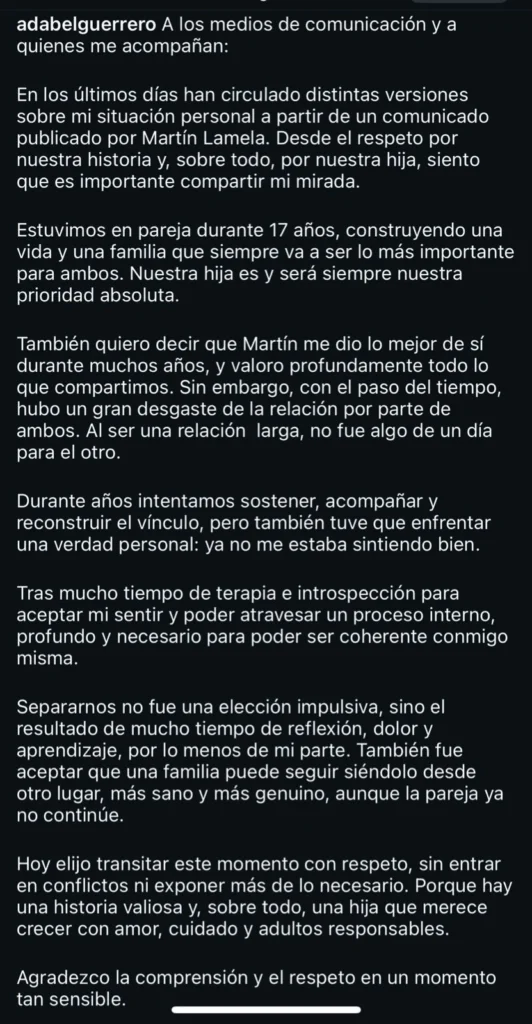 Adabel Guerrero rompió el silencio y contó la verdad detrás de su separación de Martín Lamela: el comunicado