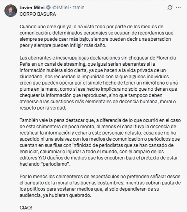 “Chimentera de poca monta”: Javier Milei se refirió a la noticia falsa comunicada por Florencia Peña