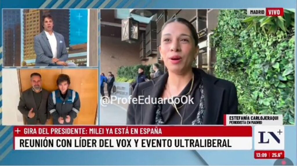 Robertito Funes saltó a defender a Milei cuando la corresponsal de LN+ estaba contando las comodidades de su hotel