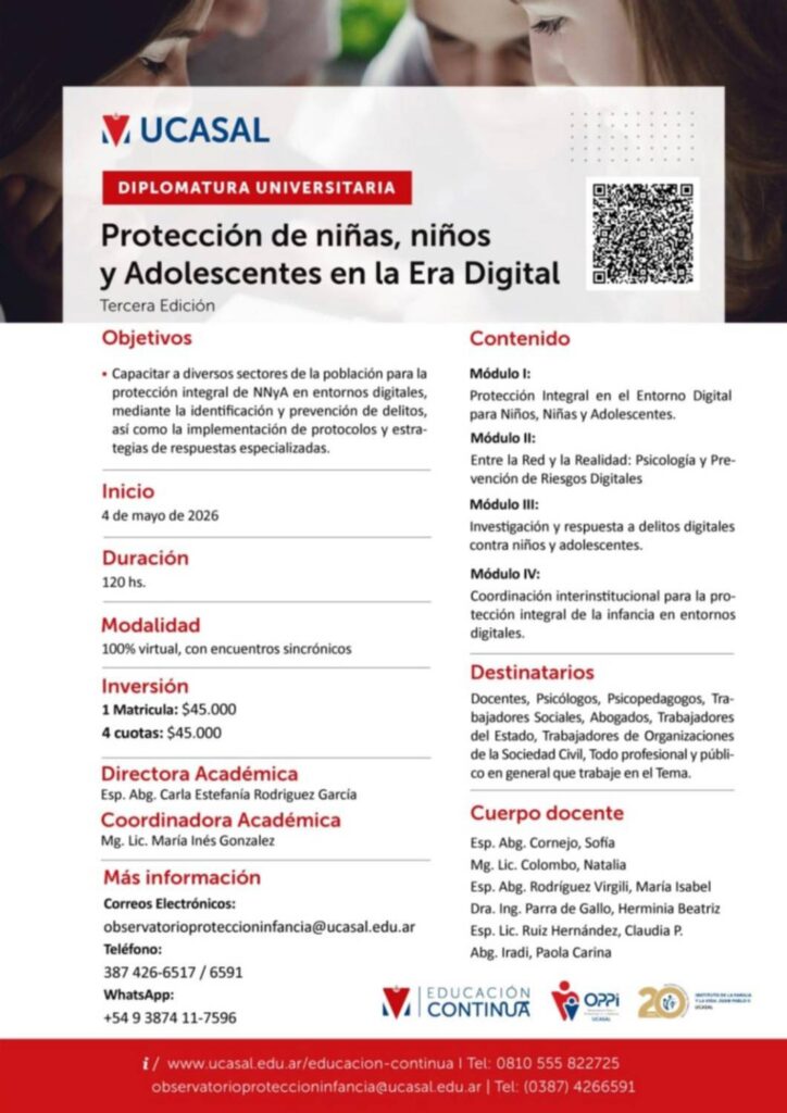 Formación clave en entornos digitales: UCASAL presenta la tercera edición en la Diplomatura en Protección de Niñas, Niños y Adolescentes 