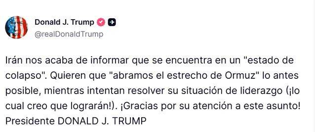 Trump afirma que "Irán está en estado de colapso"