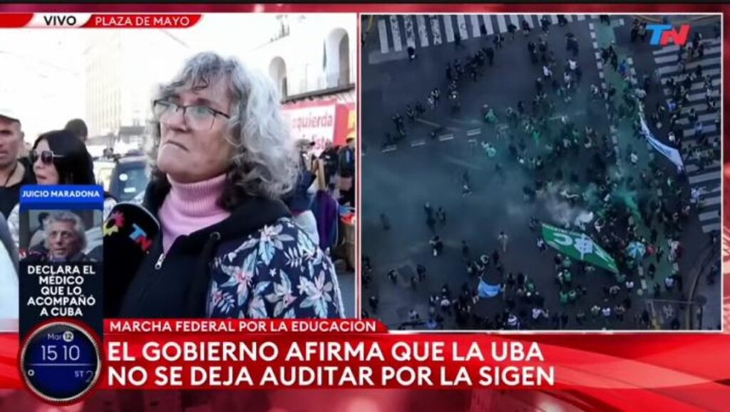 Se picó el móvil de TN y una docente le reprochó al cronista el apoyo del canal al “sinvergüenza” de Milei