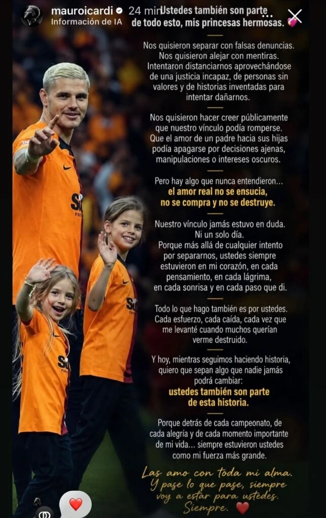La lapidaria carta de Mauro Icardi a sus hijas tras su triunfo con el Galatasaray: "Nos quisieron separar"