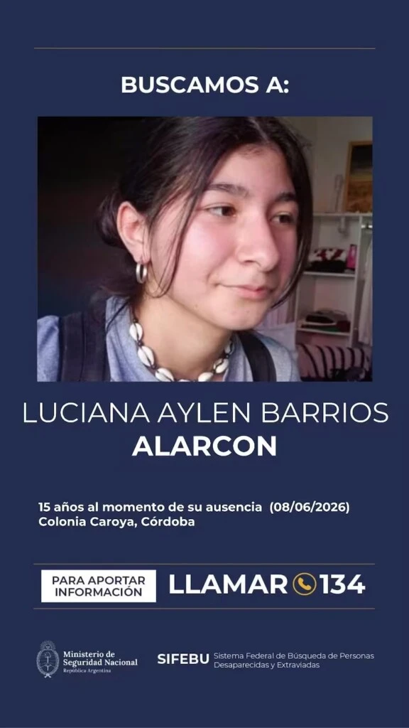 Quién es Luciana Aylén Barrios Alarcón, la adolescente de 15 años desaparecida en Córdoba