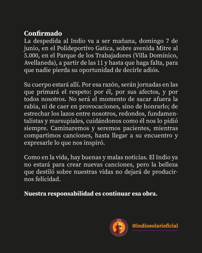 Cómo será el último adiós al Indio Solari: el comunicado oficial sobre el velatorio