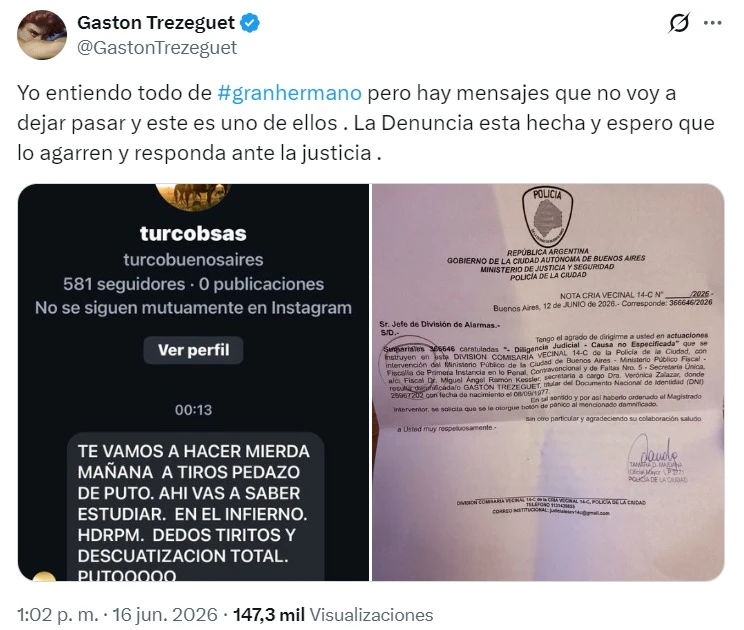 Gastón Trezeguet denunció amenazas de muerte de un fanático de Gran Hermano y recibió un botón antipánico